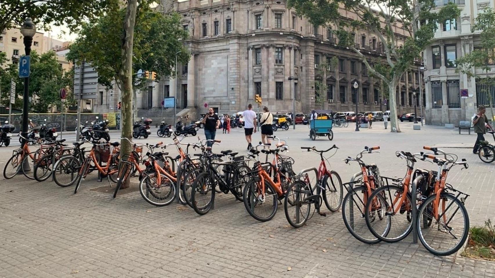 Bicicletas de alquiler de uso compartido aparcadas en la vía pública en Barcelona (archivo)