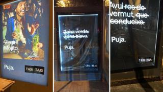 Fotomontaje de varias marquesinas con publicidad de Uber vandalizadas en Barcelona