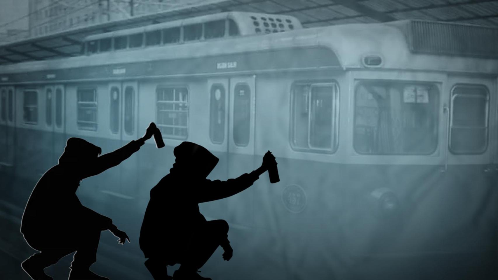 Fotomontaje de unos grafiteros en uno de los trenes antiguos que recogerá la exposición de la plaza de les Glòries