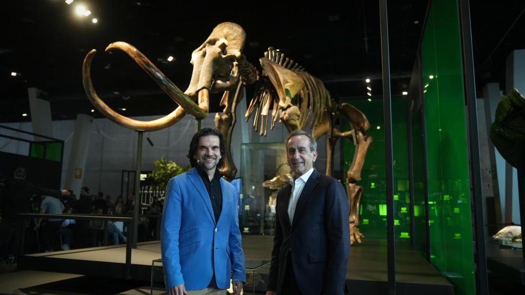 El responsable de Exposiciones y Actividades de Ciencia de la Fundación La Caixa, Javier Hidalgo, y el director del CosmoCaixa, Valentí Farràs, ante el ejemplar de mamut lanudo