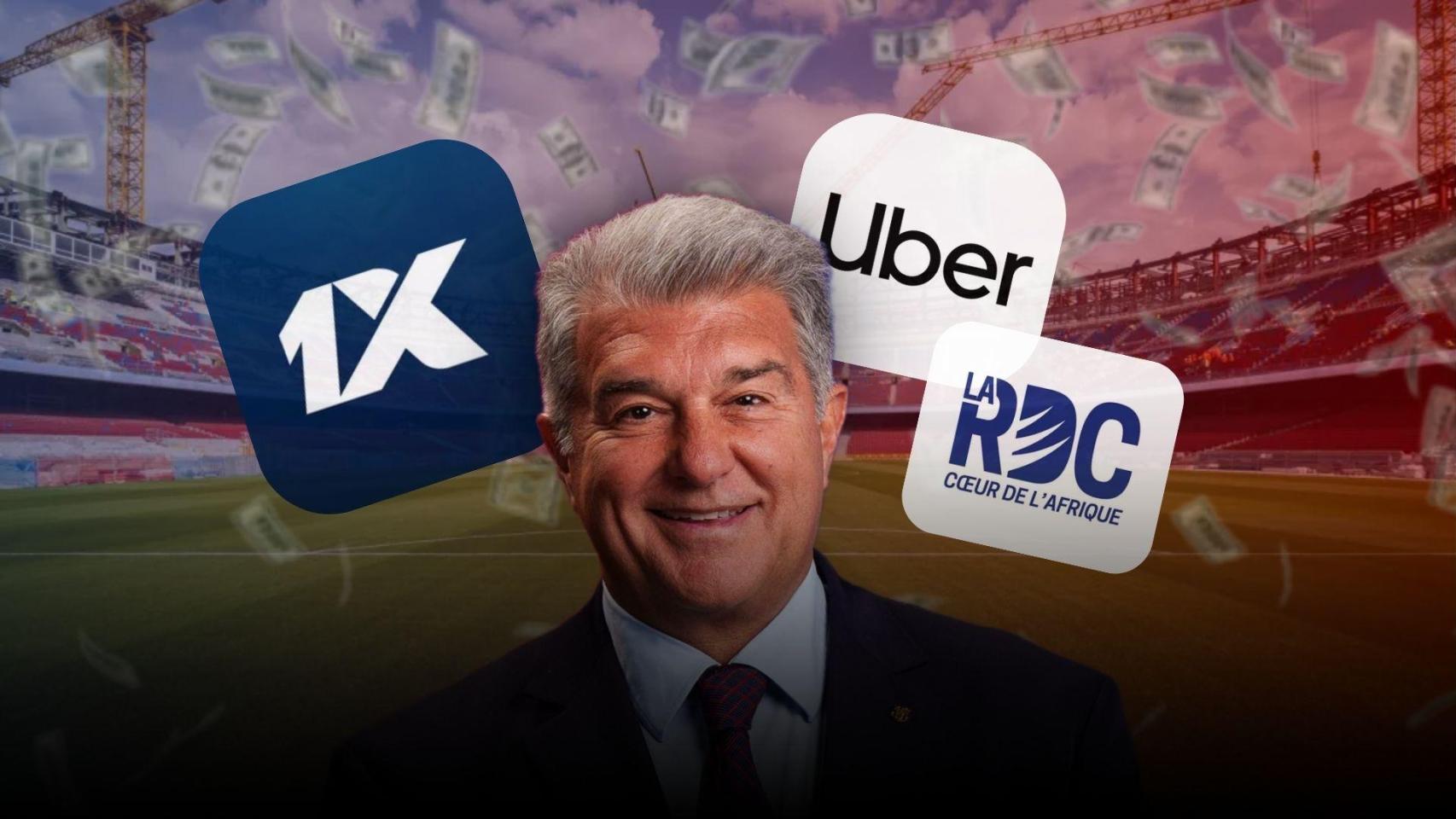 Joan Laporta y los logotipos de 1XBet, Uber y la República del Congo en un montaje