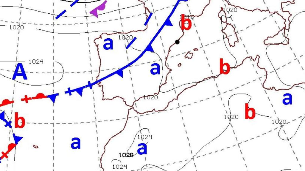 Mapa de predicció d'isòbares on es pot veure el front que afectarà Barcelona la nit del diumenge al dilluns