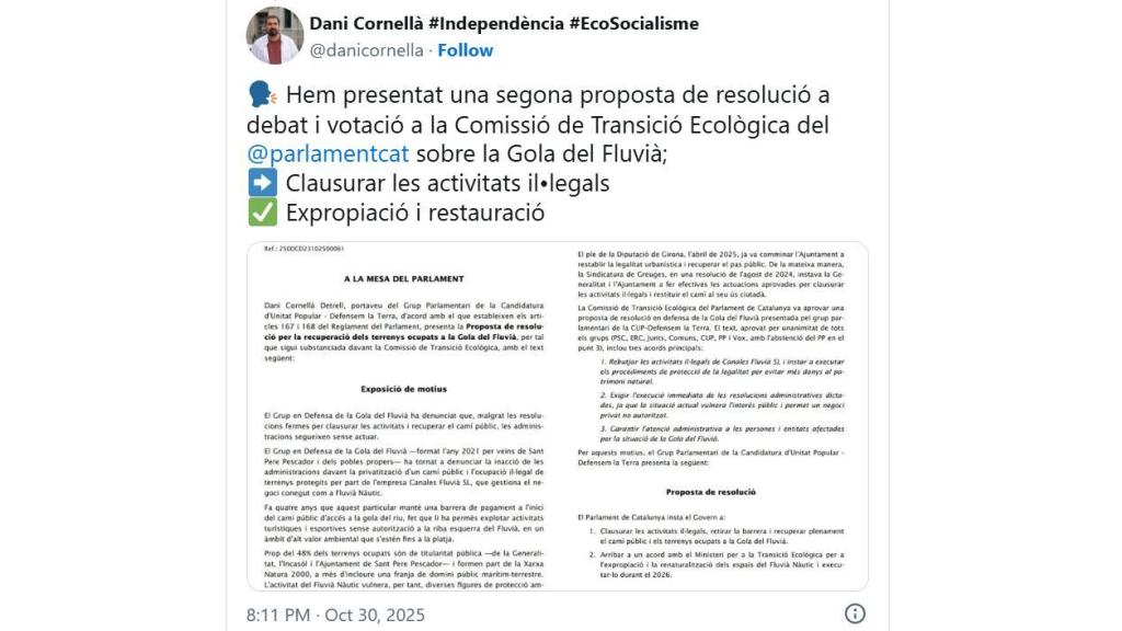 Captura de pantalla del tuit del diputado de la CUP Dani Cornellà