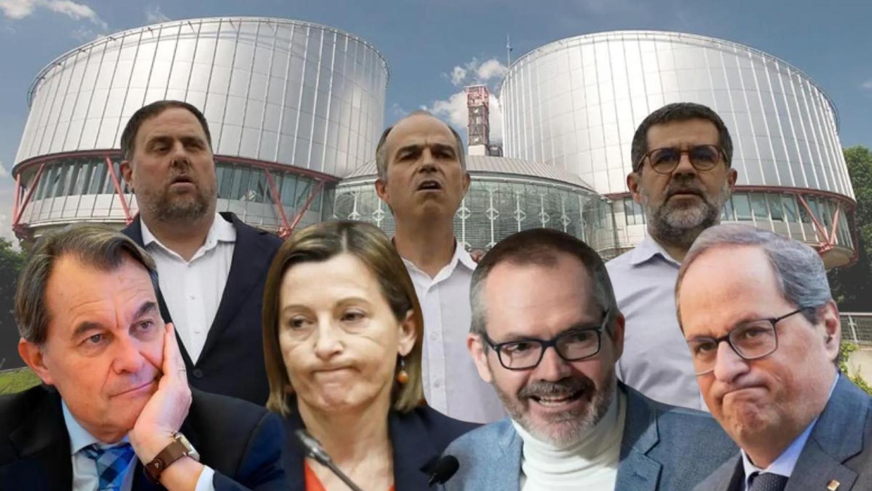 En primera fila: Artur Mas, Carme Forcadell, Josep Costa y Quim Torra. En segunda, Oriol Junqueras, Jordi Turull y Jordi Sànchez. Tras ellos, la sede del TEDH