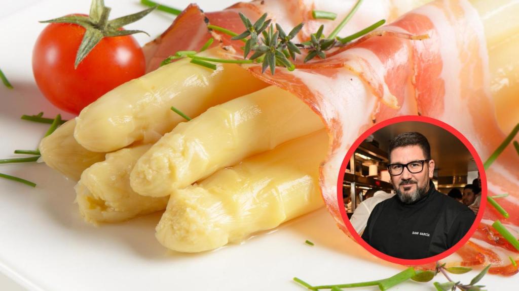 Dani García y plato de espárragos blancos