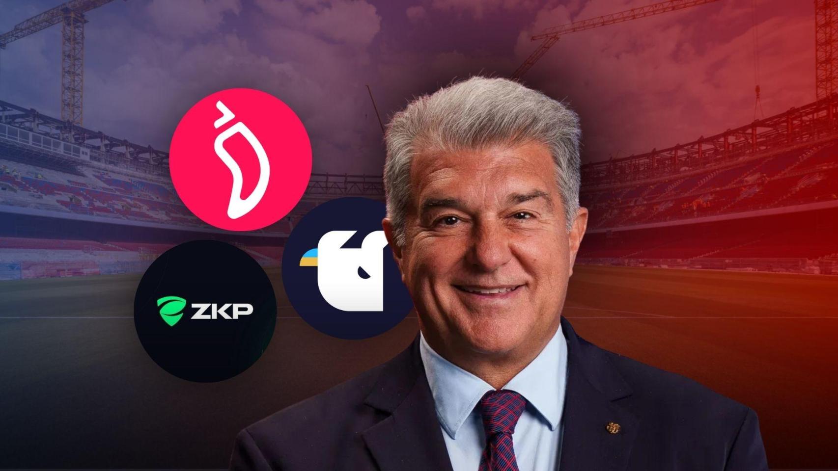 Joan Laporta con los logotipos de Chiliz, Whitebit y ZKP en un montaje