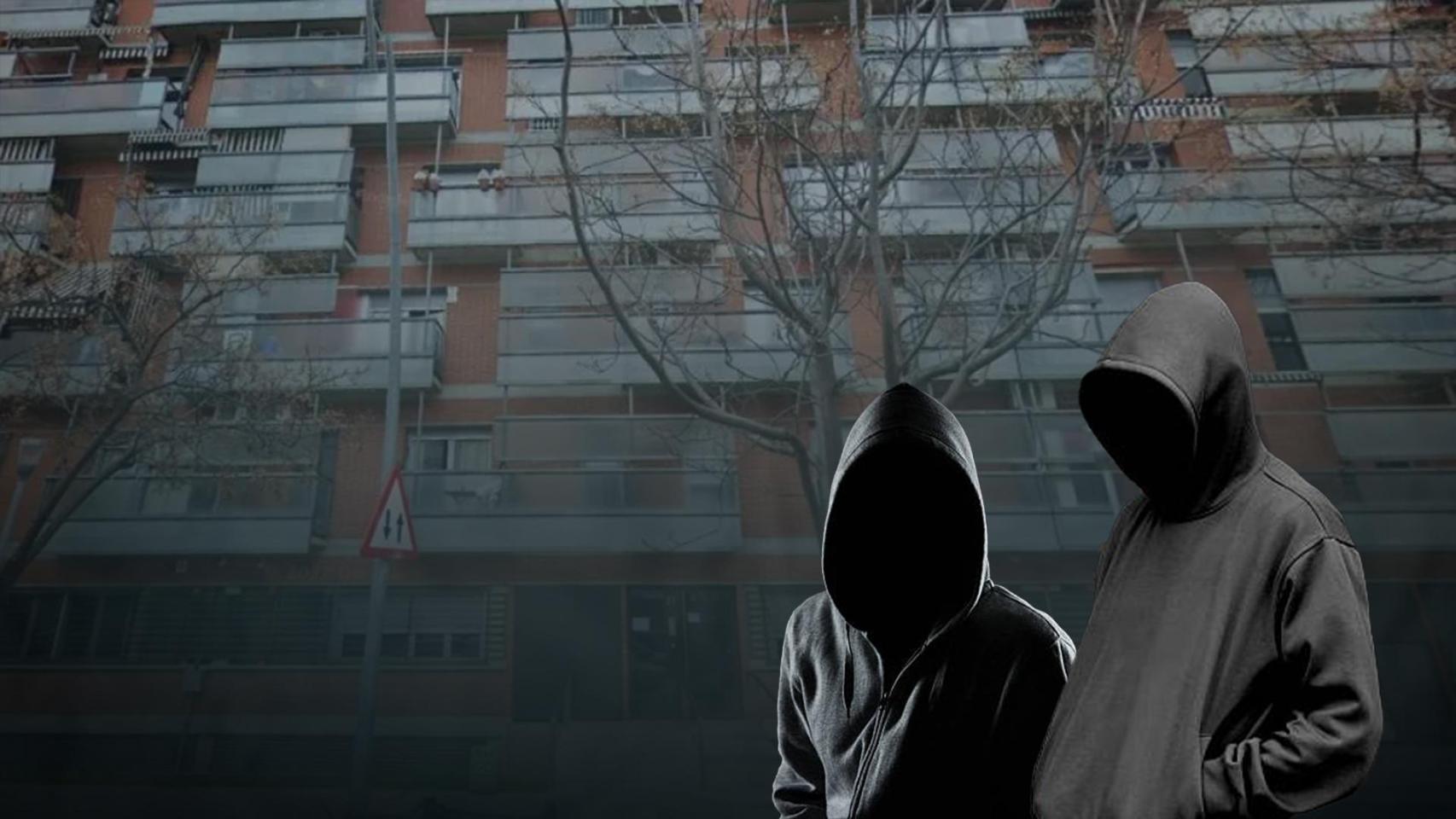 Fotomontaje con unos encapuchados y la calle de la Sèquia Madriguera del Bon Pastor