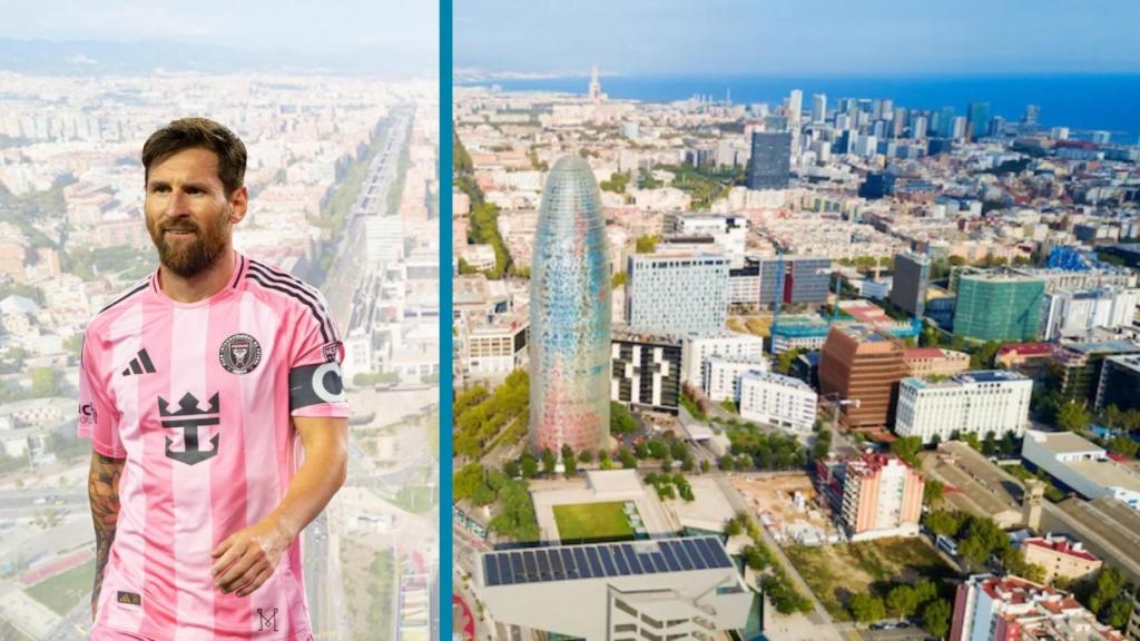 Fotomontaje de Leo Messi con una panorámica de Barcelona
