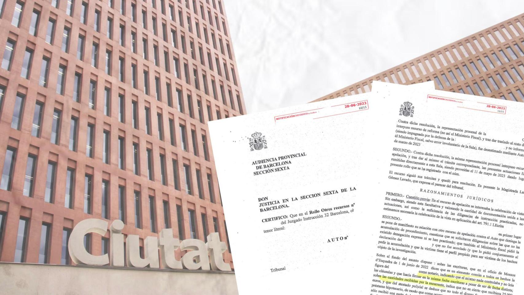 Un montaje de la sentencia de el ‘caso notarios’ y la Ciudad de la Justicia de Barcelona
