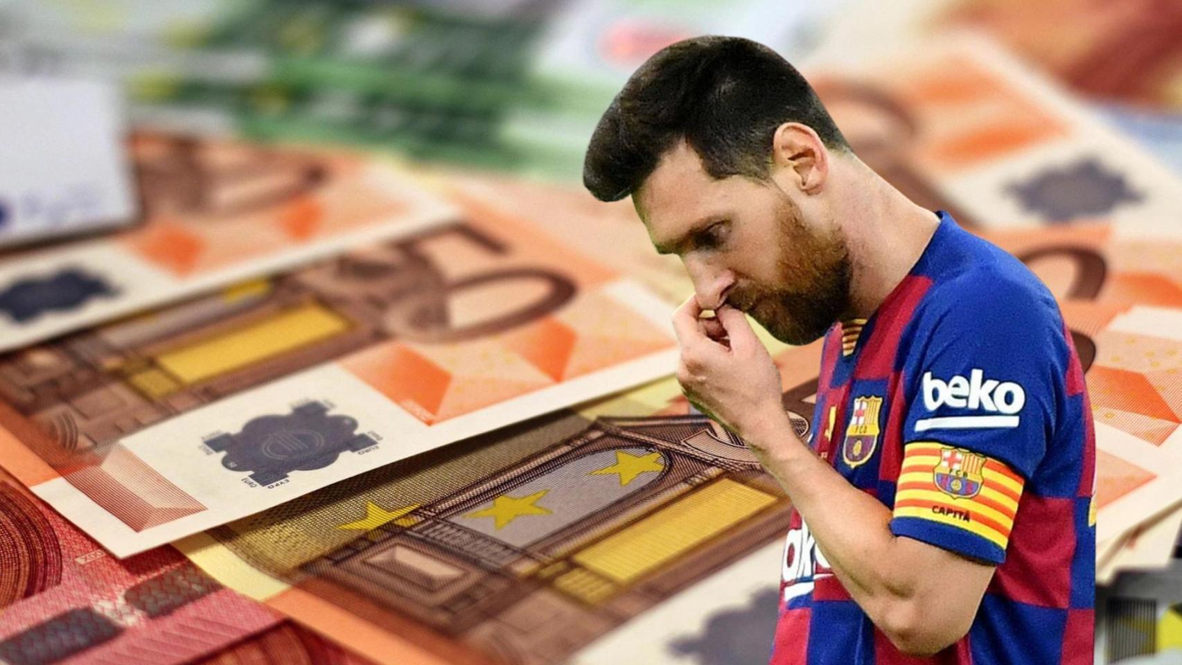 Montaje de una foto de Leo Messi cabizbajo con un fondo de billetes de 50 euros