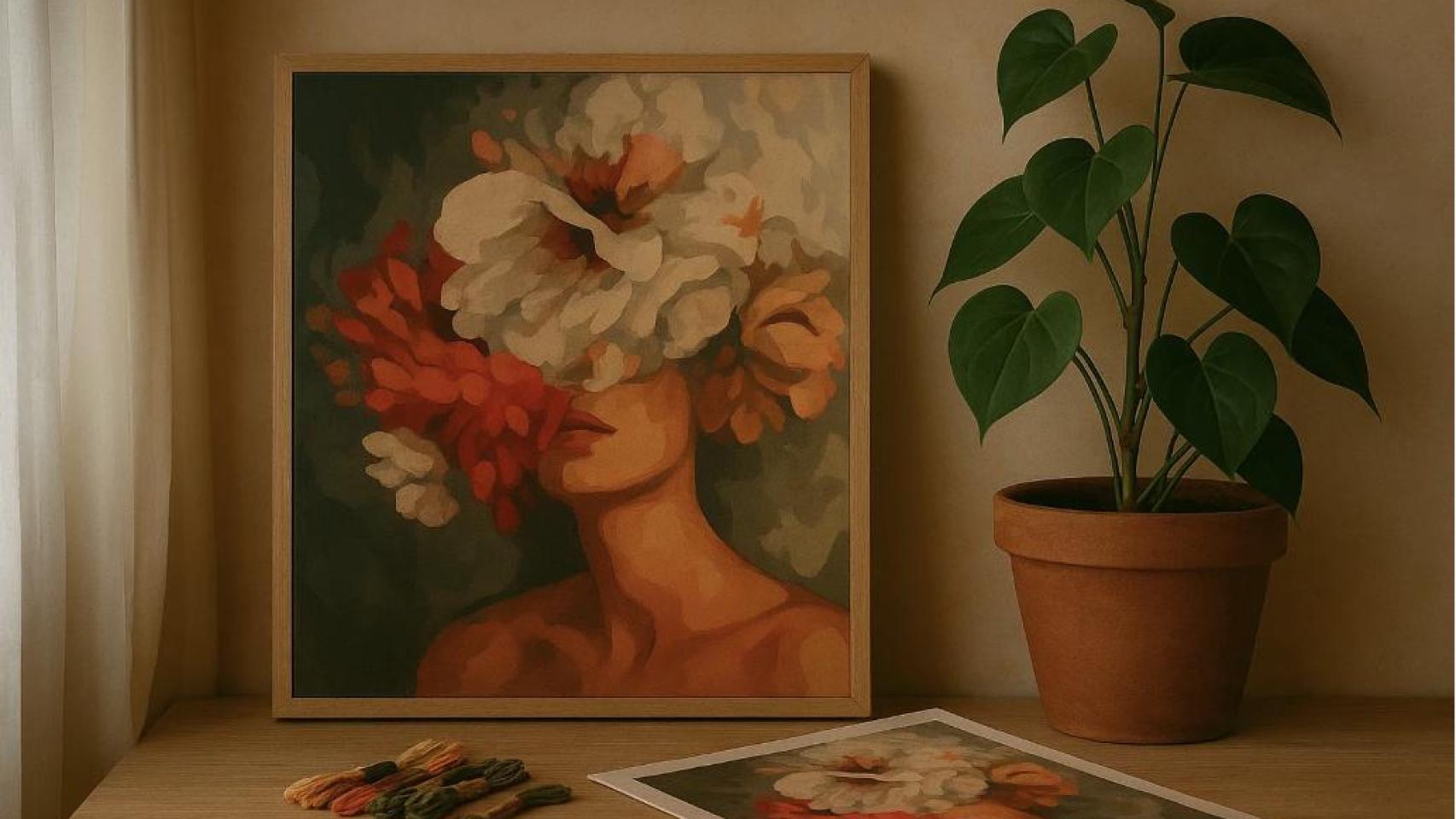 Cuadro de pintura por números con flores y rostro femenino sobre una mesa, acompañado de una planta y madejas de hilo en un rincón acogedor para exponer manualidades creativas