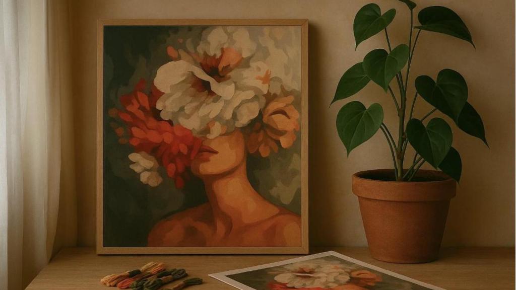 Cuadro de pintura por números con flores y rostro femenino sobre una mesa, acompañado de una planta y madejas de hilo en un rincón acogedor para exponer manualidades creativas