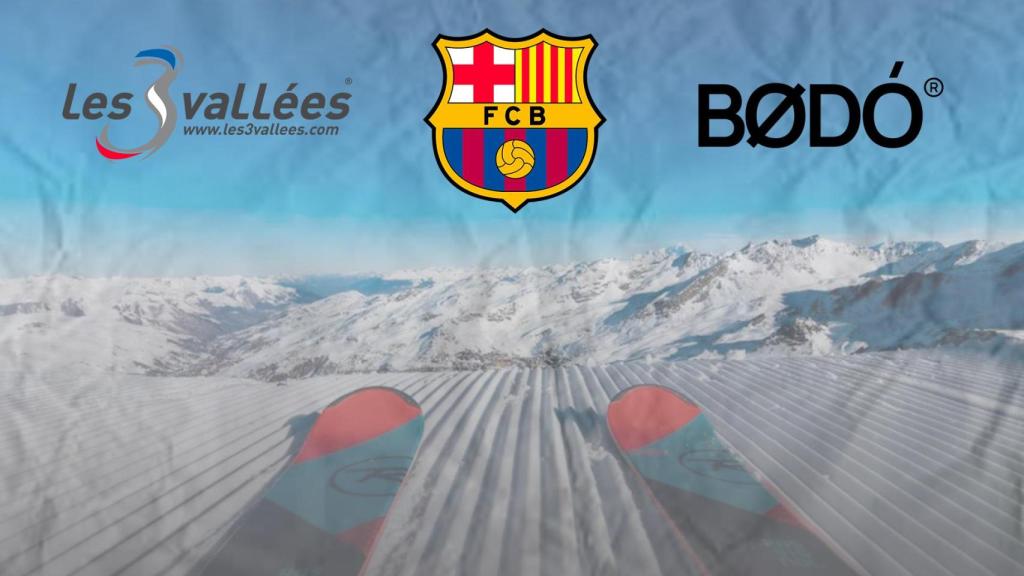 Fotomontaje de una pista de esquí de Val Thorens, con el logo de la estación, el de la empresa Bodó y el escudo del FC Barcelona