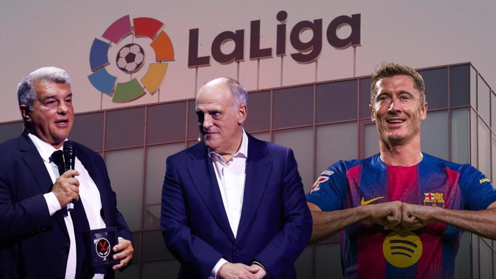 Joan Laporta, Javier Tebas y Robert Lewandowski, en un fotomontaje