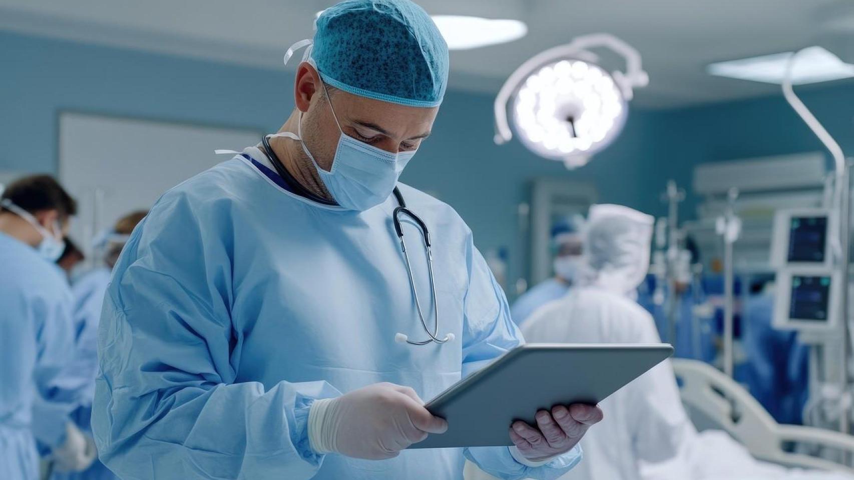 Cirujano con una tablet en un quirófano