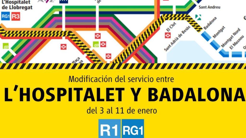 Cartell informatiu de Rodalies sobre el tall entre Badalona i L'Hospitalet