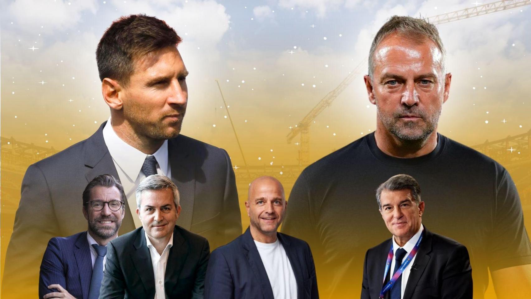Leo Messi, Hansi Flick, Marc Ciria, Víctor Font, Xavi Vilajoana y Joan Laporta en un montaje