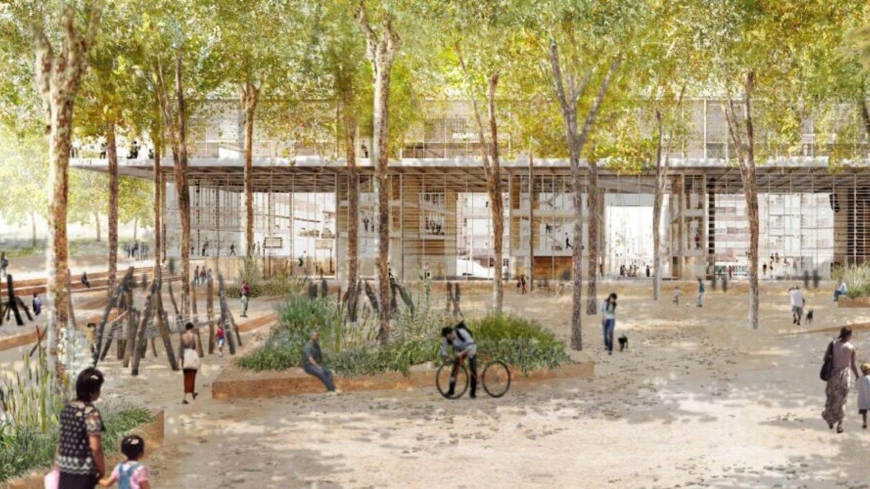 Render del nuevo centro cultural y el parque en el barrio de la Prosperitat de Barcelona