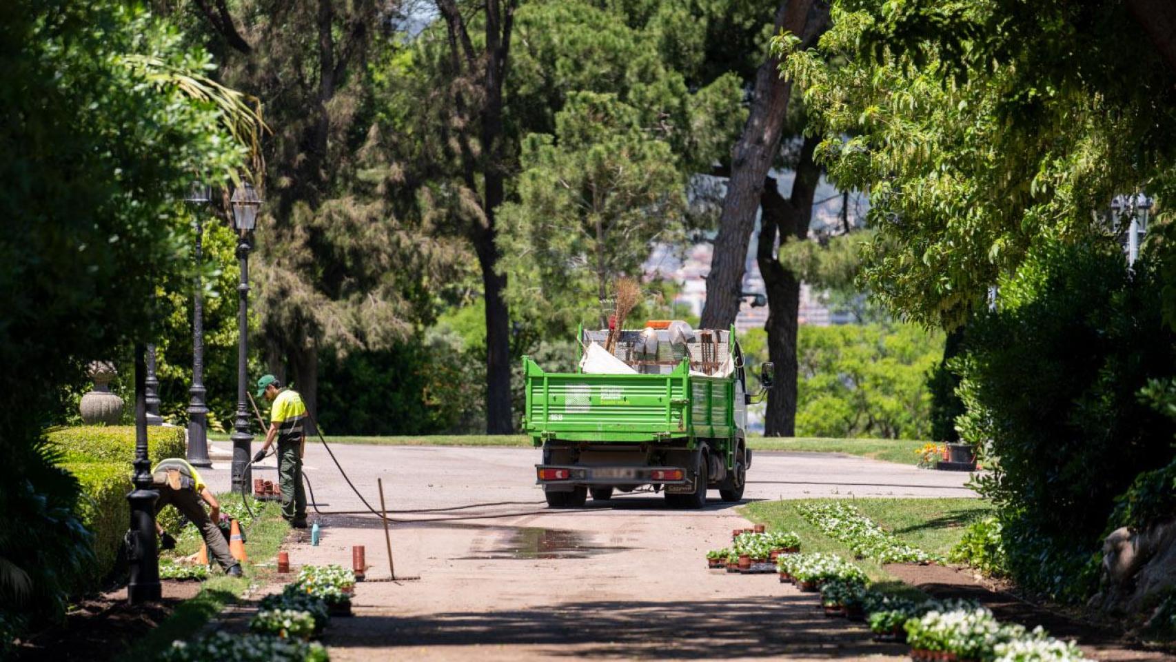 Un camión de Parcs i Jardins en un parque de Barcelona