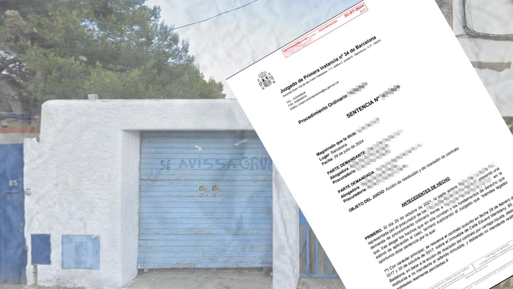 Un montaje del inmueble de la calle Eduard Maristany de Badalona y la sentencia del caso de opciones de compra