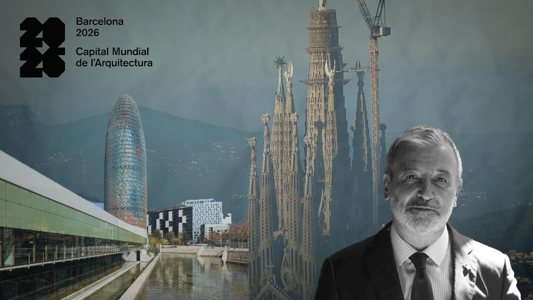 Fotomontaje de grandes monumentos de Barcelona con su alcalde, Jaume Collboni