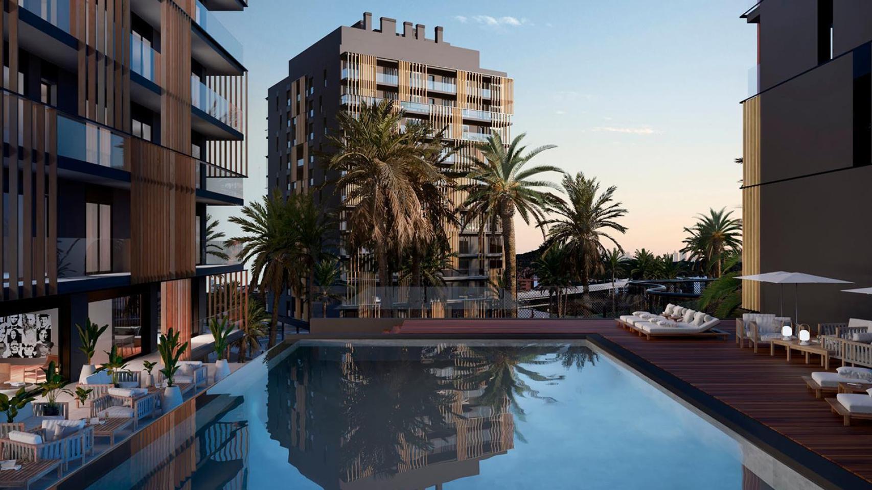 Render de las viviendas de obra nueva con piscina del complejo residencial Miravern en Sant Just Desvern