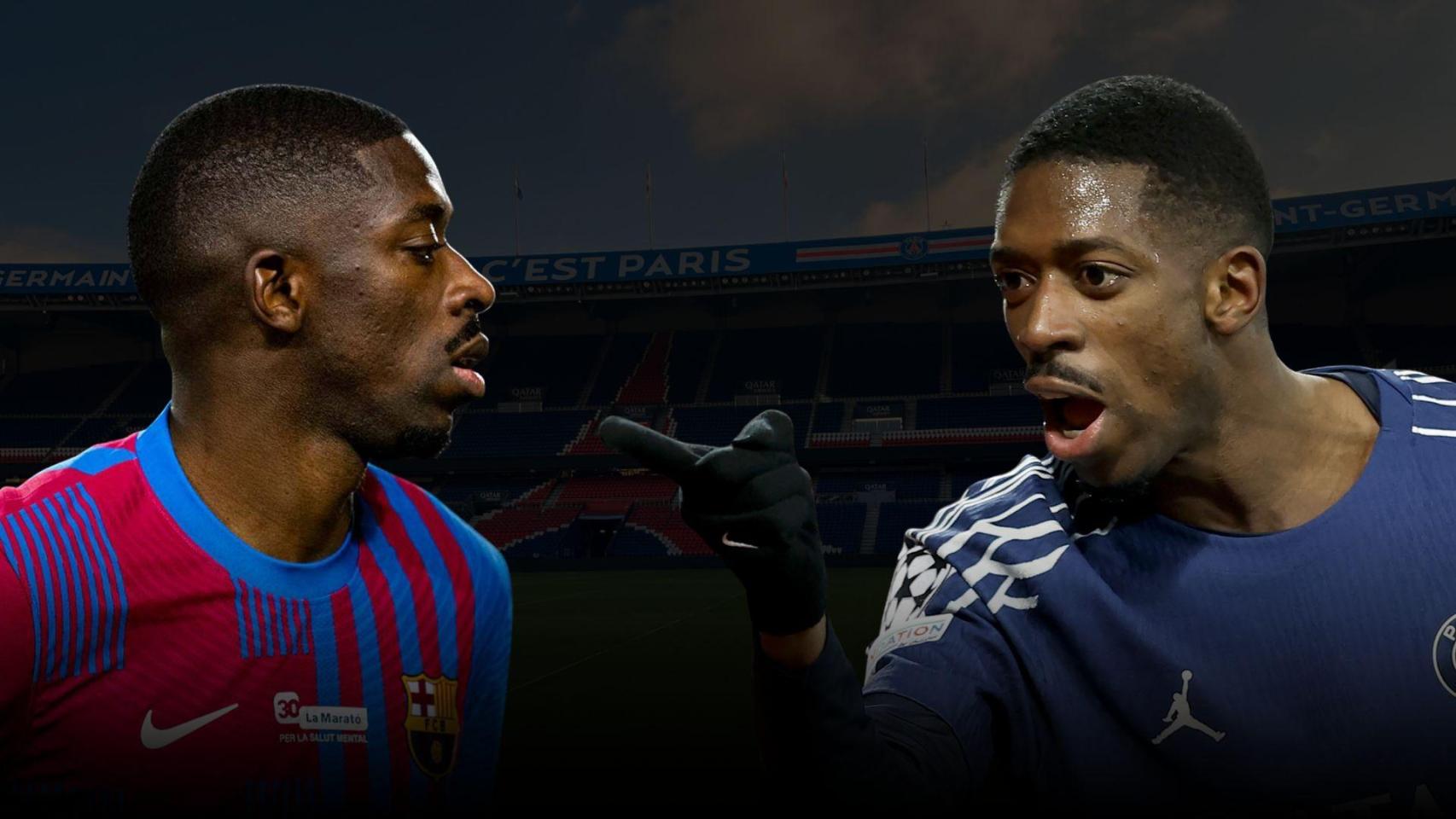 Dos fotografías de Ousmane Dembelé, una con el Barça y otra con el PSG, en un montaje