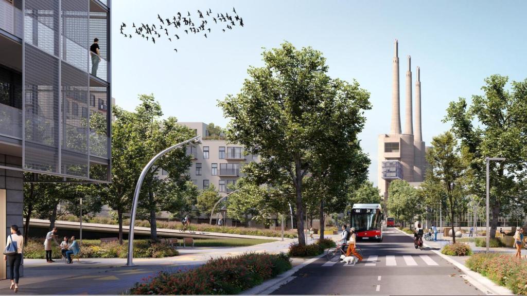 Render del entorno de las viviendas de las Tres Chimeneas