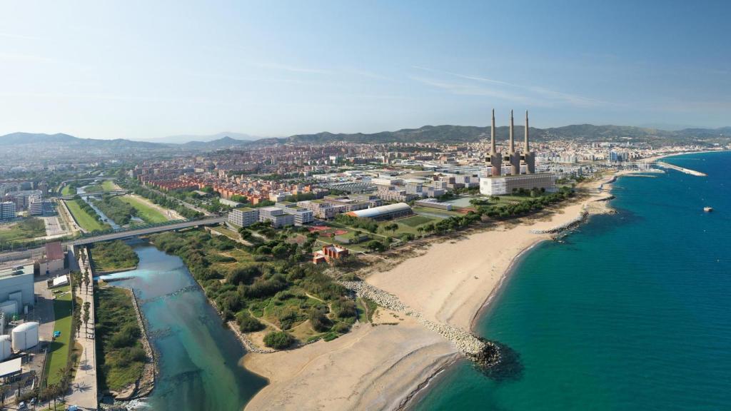 Vista aérea del futuro del entorno de las Tres Chimeneas, con el gran parque
