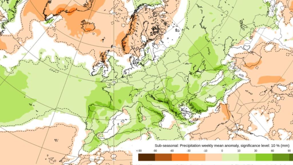 Mapa de anomalías de precipitaciones para la semana del 9 al 15 de febrero