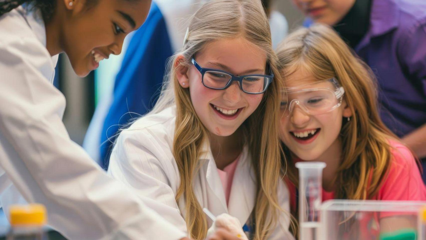 Tres niñas colaboran en un experimento químico en laboratorio