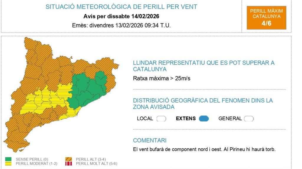 Situación meteorológica del Meteocat en Barcelona para el día 14 de febrero de 2026