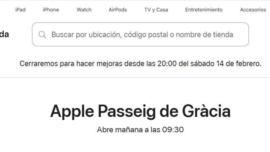 Captura de pantalla de la web d'Apple a la botiga del passeig de Gràcia de Barcelona