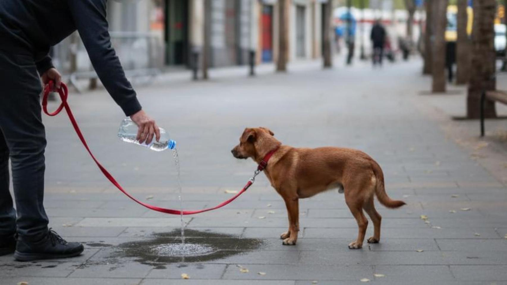 Un hombre limpia el orín de su perro en una calle de Barcelona