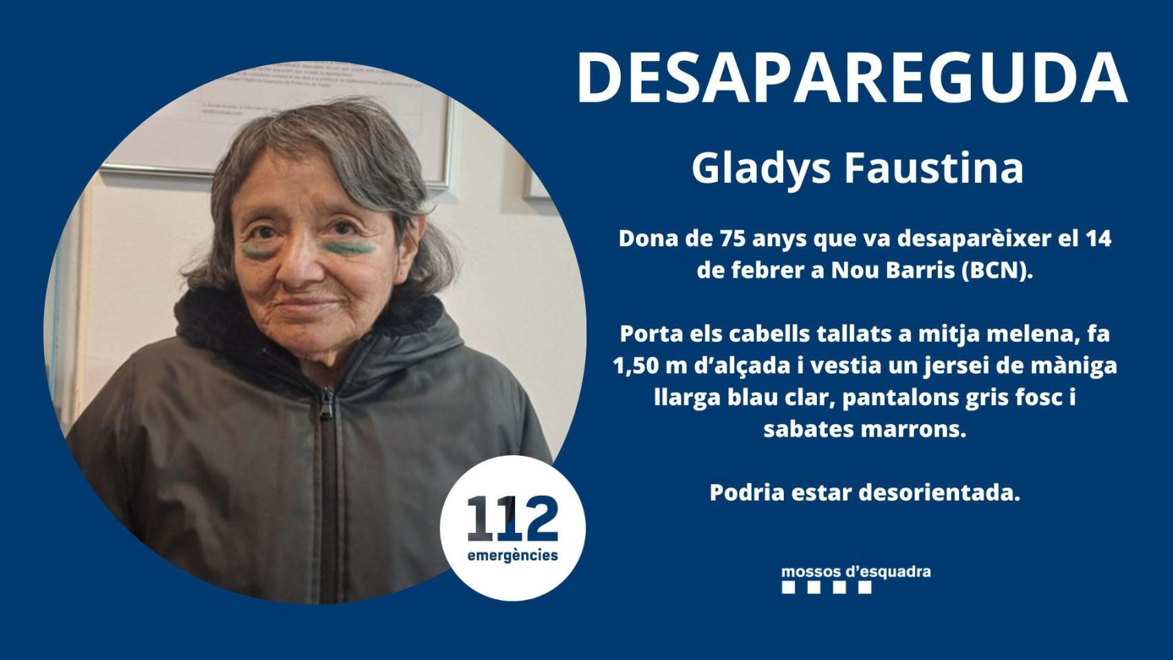 Cartel de búsqueda de Gladys, la anciana de 74 años que desapareció en Nou Barris el sábado