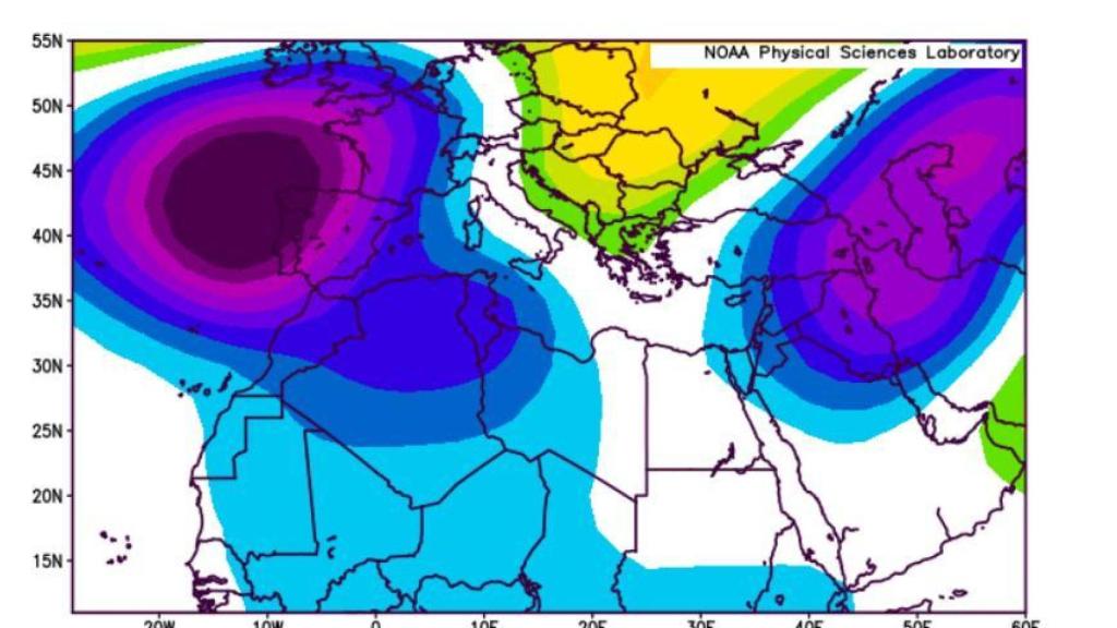 Mapa de previsió d'anomalia de l'alçada geopotencial a 500 mb per al període 5-12 de març
