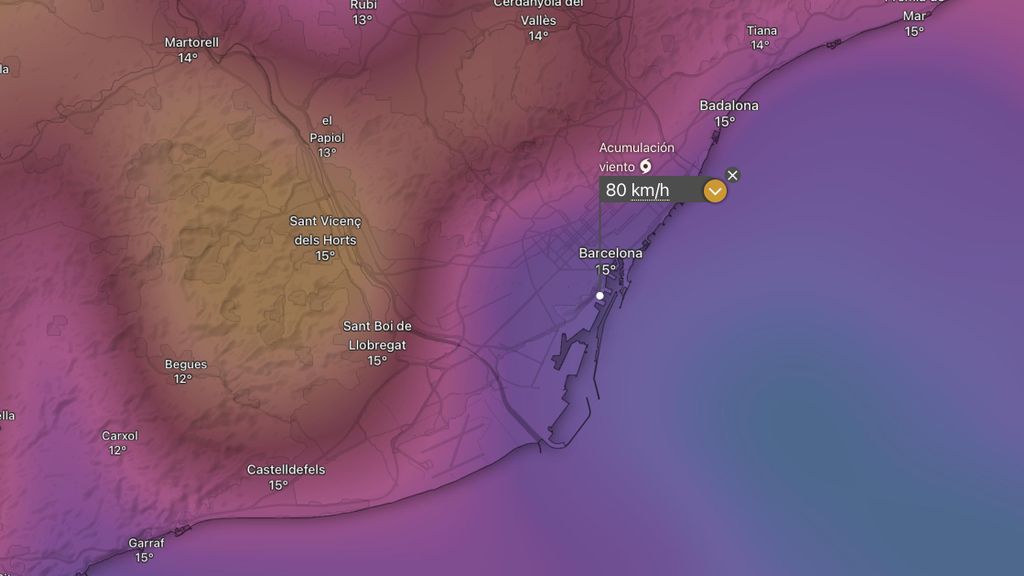 Mapa de previsió del vent a Barcelona