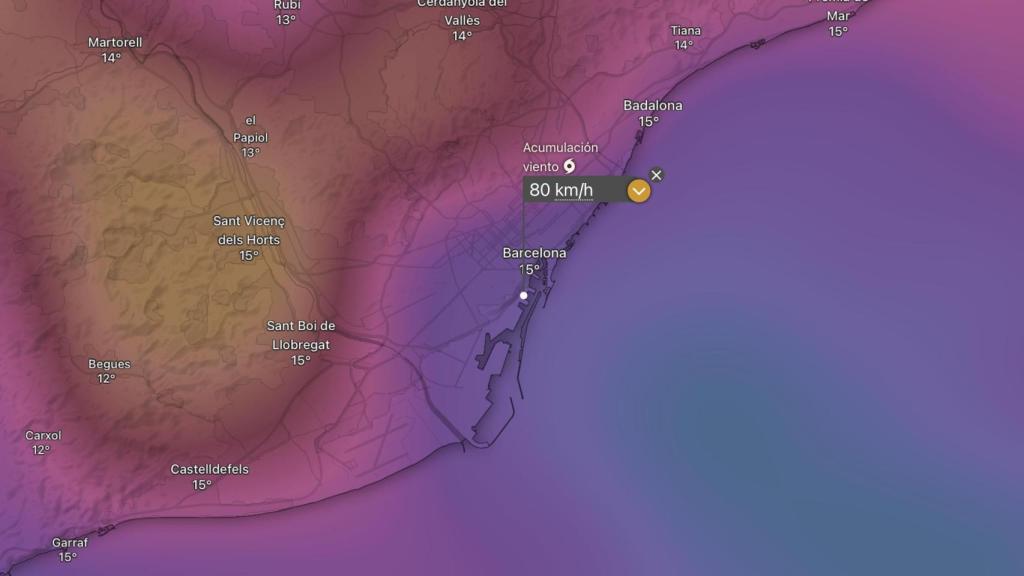 Mapa de previsión del viento en Barcelona