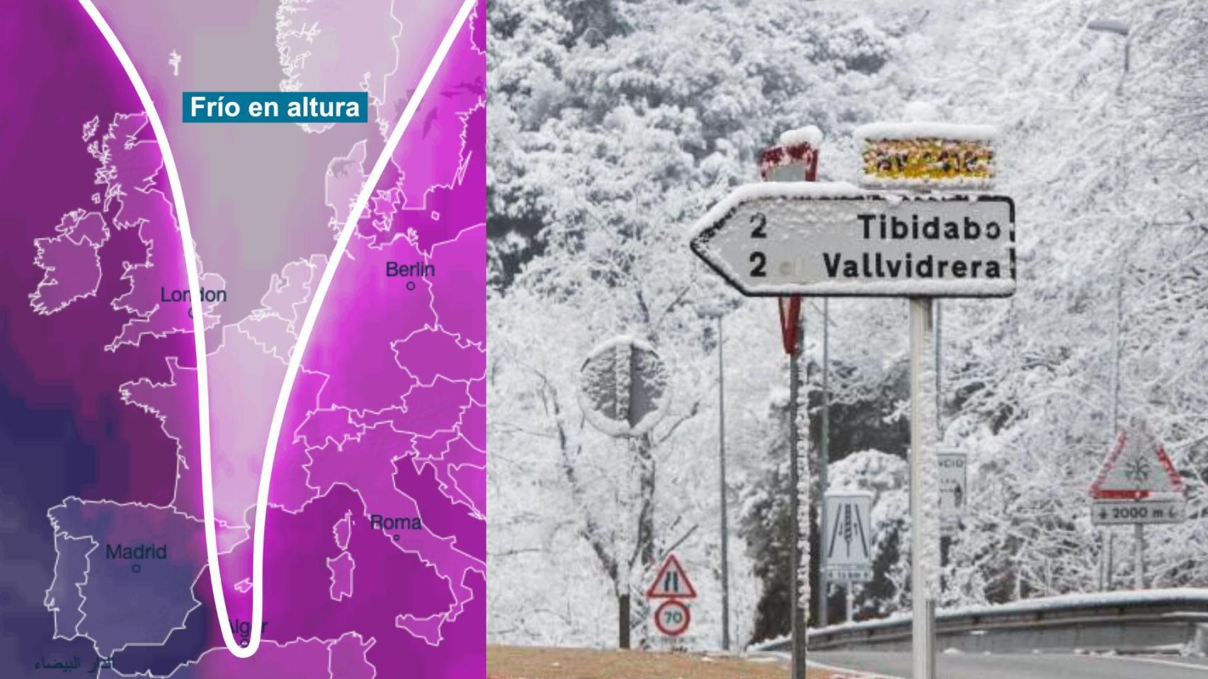 Fotomontaje del mapa de previsión de la temperatura a 500 hPa (Ventusky) y del Tibidabo nevado (EFE)