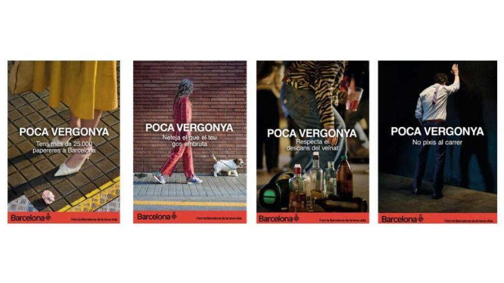 Carteles de la campaña 'Poca Vergonya' para frenar el incívismo en Barcelona