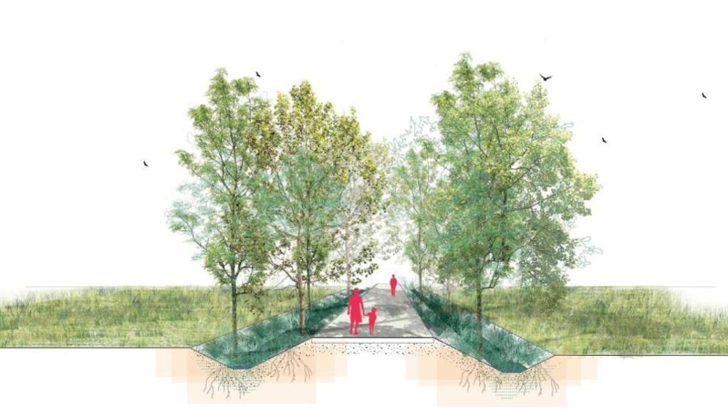 Dibujo ilustrativo de los caminos para peatones rodeados del parque de Cal Trabal