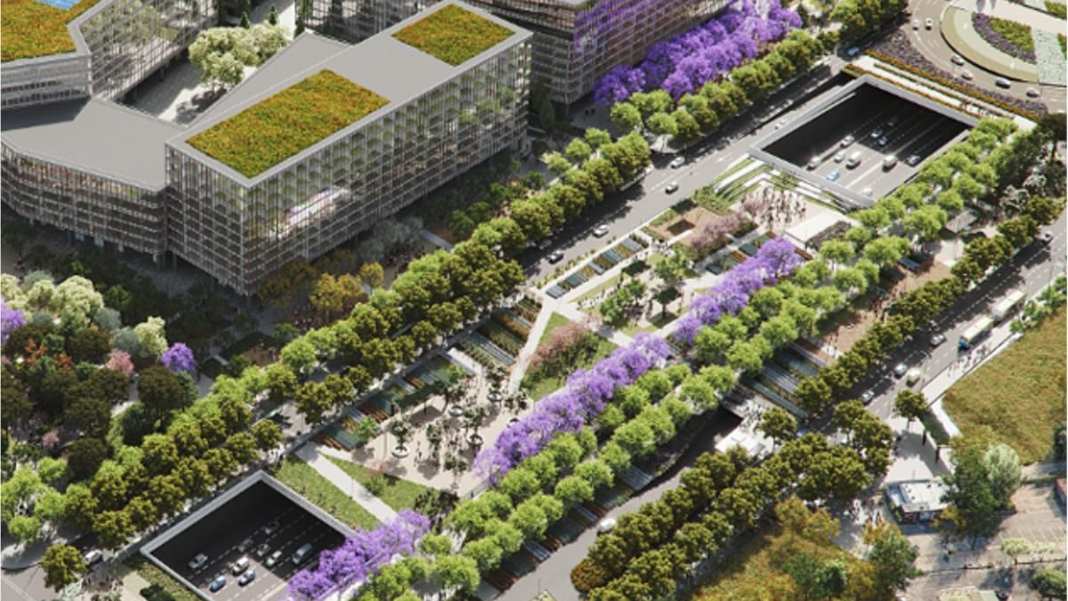Render de la cobertura de la Granvia con el futuro BioClúster y el bosque urbano