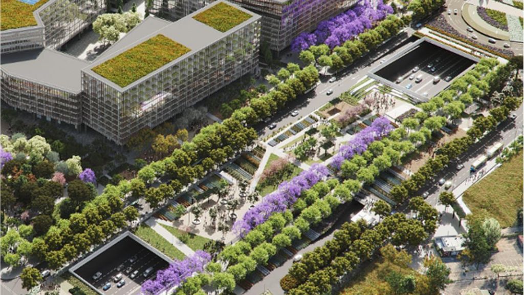 Render de la cobertura de la Granvia con el futuro BioClúster y el bosque urbano