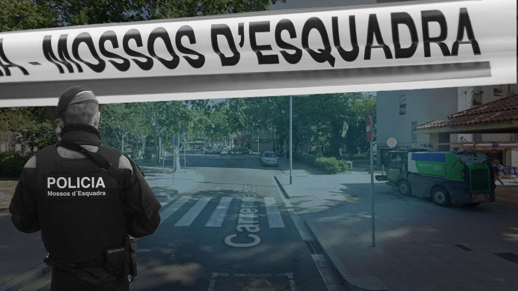 Fotomontaje del paseo de Mollerussa del Bon Pastor y un agente de los Mossos d'Esquadra