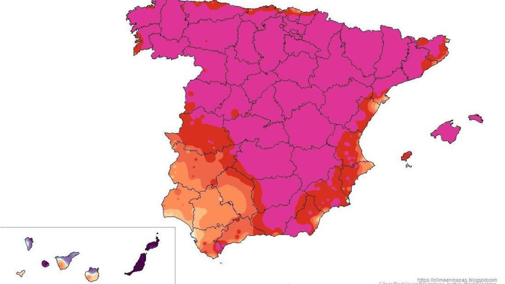 Percentil de la temperatura máxima (°C) prevista para el viernes 10 de abril de 2026 respecto al periodo 1991-2020. Fuente: climaenmapas]
