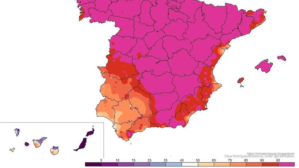 Percentil de la temperatura màxima (°C) prevista per divendres 10 d'abril de 2026 respecte al període 1991-2020. Font: climaenmapas]