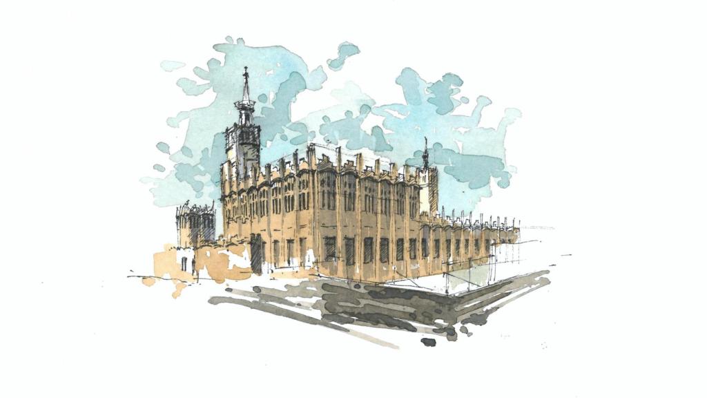 Dibujo en color del edificio de CaixaForum Barcelona