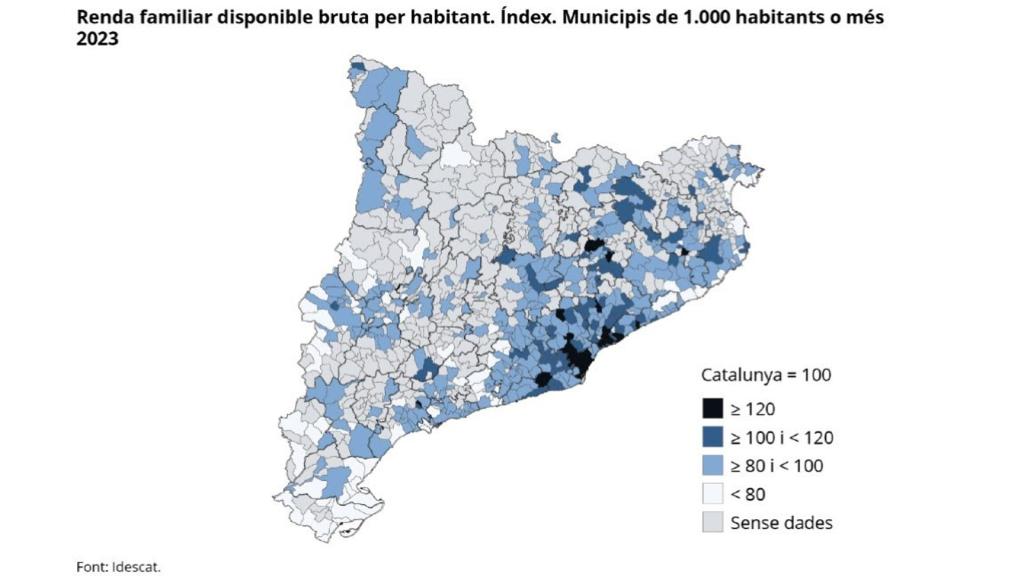 Mapa dels municipis de Catalunya per la renda familiar disponible per habitant el 2023