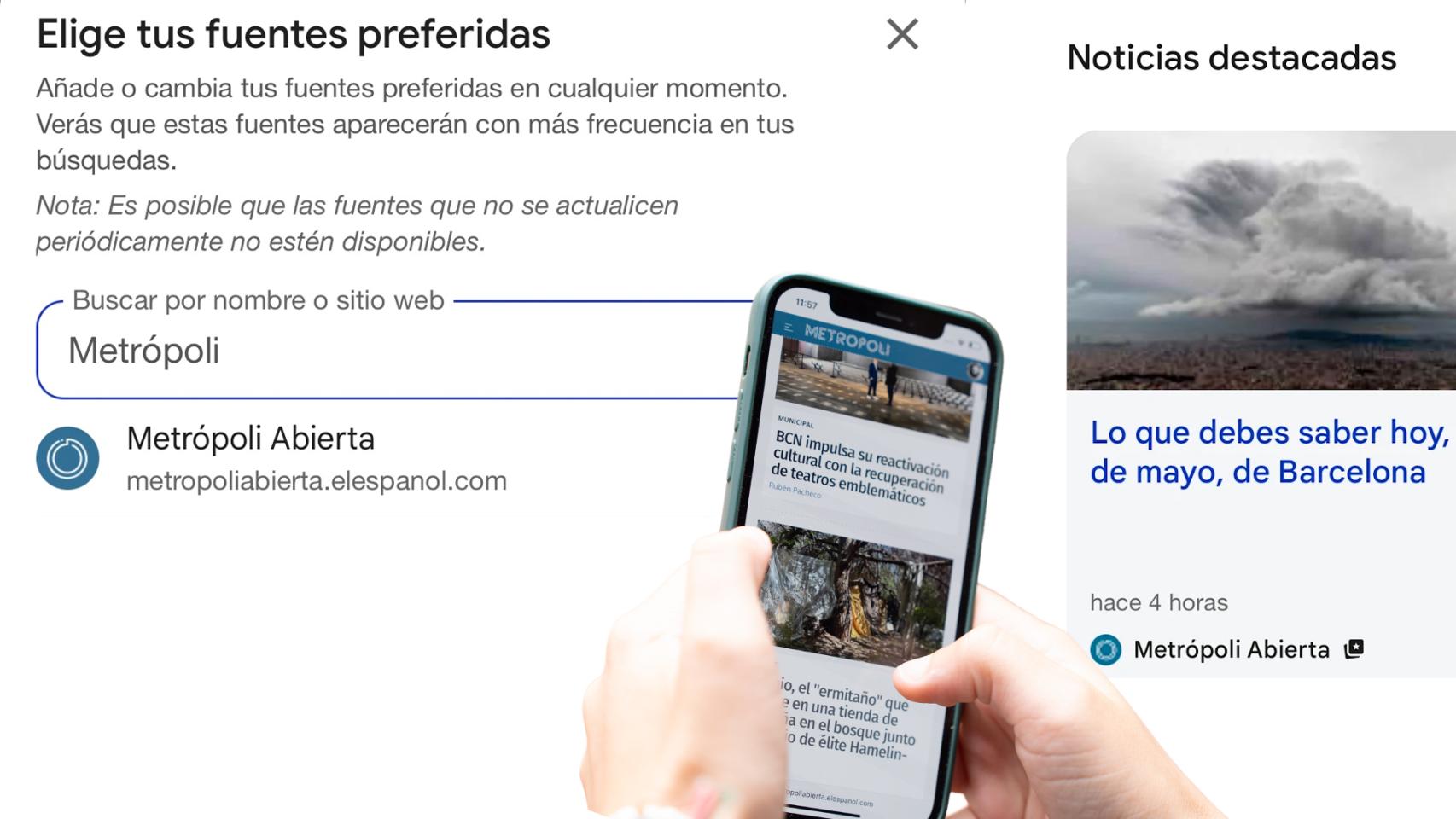Fotomontaje de la nueva funcionalidad de Google para añadir a Metrópoli en tus fuentes preferidas 