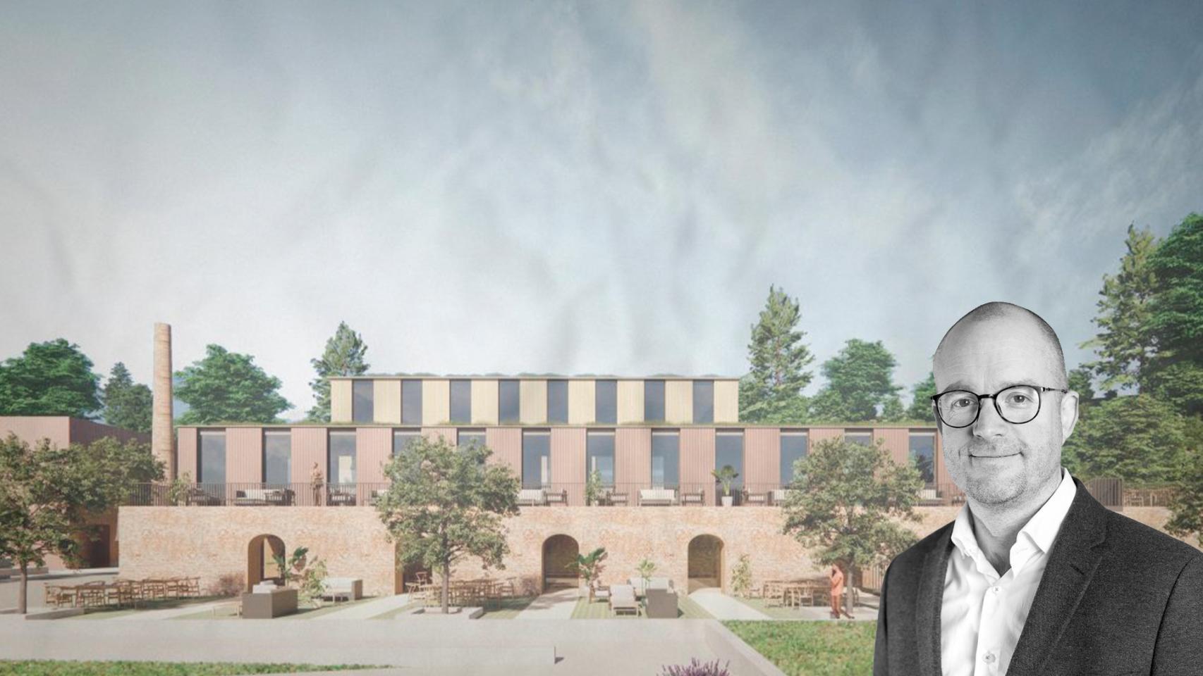 El empresario sueco Johan Aspehof junto con un render del futuro macrocomplejo de pádel en Viladecans